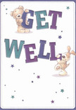 A get well card lovingly illustrated with two delightful characters-a soft teddy bear and a lively pup-capture the bright, optimistic spirit found throughout South Kensington. Both are depicted balancing and holding up bold, colourful letters spelling 'Get Well,' with rich indigos and teals creating uplifting contrast against a soft cream background. Scattered stars in varying hues of blue and purple twinkle across the space, much like the lights strung through local shops on an early evening. The bear's fur and puppy's floppy ears appear so plush and tactile, they seem to invite an embrace-offering comfort just as an expertly arranged bouquet might, meant to uplift a neighbour recovering near Onslow Square. The image radiates warmth and gentle joy, an emotional salve reminiscent of a heartfelt bouquet delivered by South Kensington Florist, ready to brighten even the greyest day with its message of hope and genuine kindness.